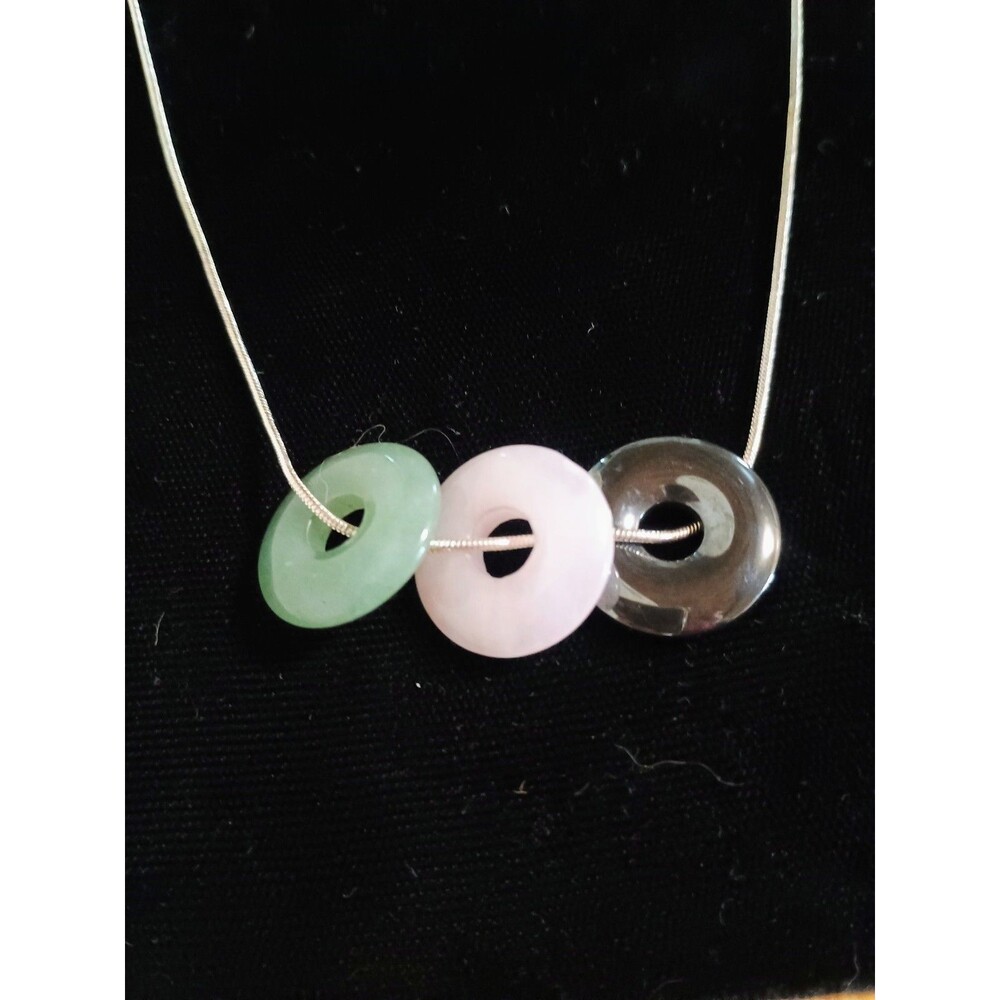 Sterling Silver 925 Necklace 3 Pi Discs Jade Rose Quartz Hematite